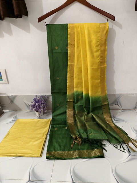 Katan Silk Suit With Zari Buta Weaving Design -  Green & Yellow Color