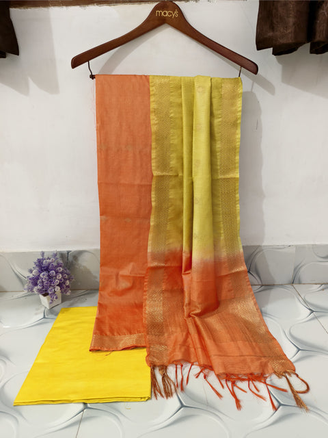Katan Silk Suit With Zari Buta Weaving Design -  Peach & Yellow Color