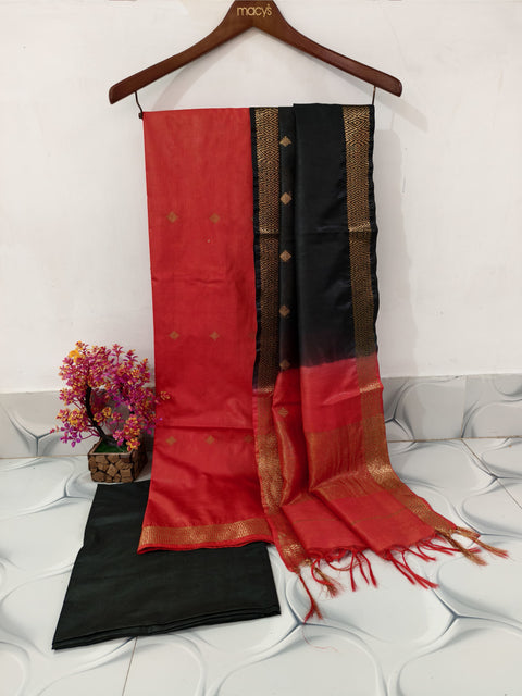 Katan Silk Suit With Zari Buta Weaving Design -  Black & Red Color