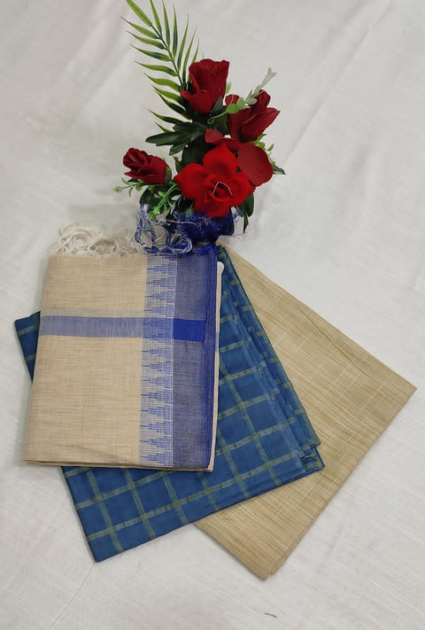 Handwoven Cotton Dupion Silk Suit Piece - Beige with Blue Color