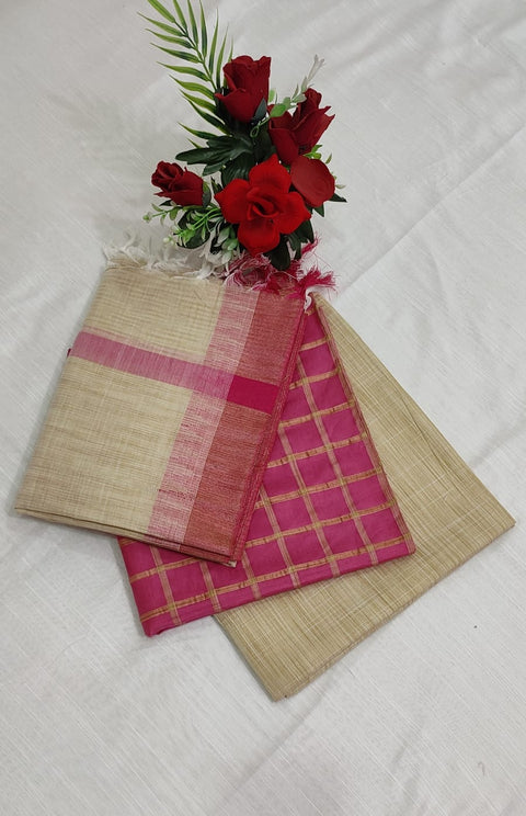 Handwoven Cotton Dupion Silk Suit Piece - Beige with Pink Color