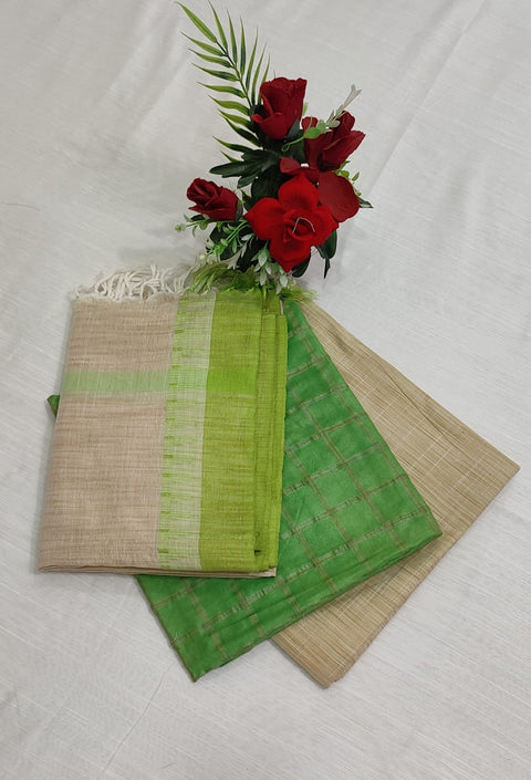 Handwoven Cotton Dupion Silk Suit Piece - Beige with Green Color