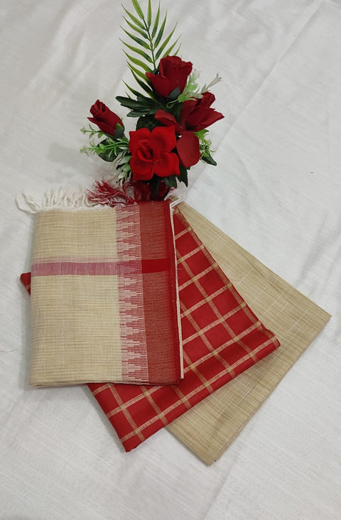 Handwoven Cotton Dupion Silk Suit Piece - Beige with Red Color