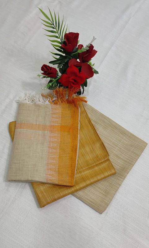 Handwoven Cotton Dupion Silk Suit Piece - Beige with Golden Brown Color