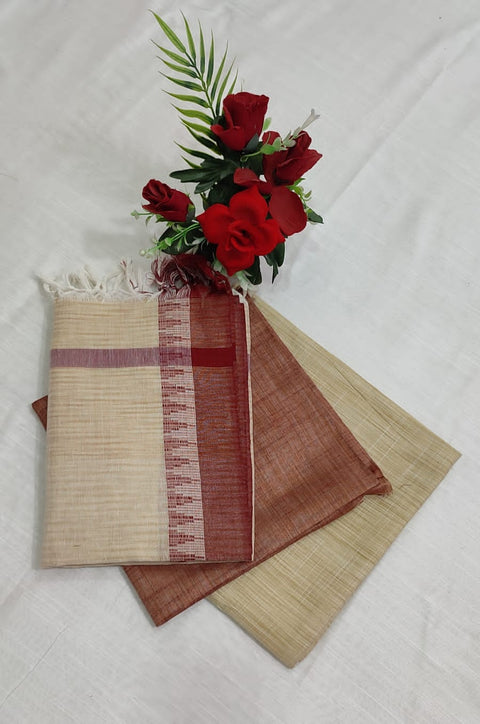Handwoven Cotton Dupion Silk Suit Piece - Beige with Brown Color