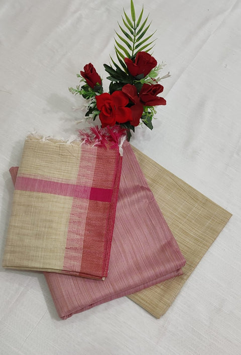 Handwoven Cotton Dupion Silk Suit Piece - Beige with Light Pink Color