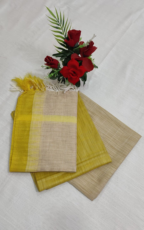 Handwoven Cotton Dupion Silk Suit Piece - Beige with Yellow Color