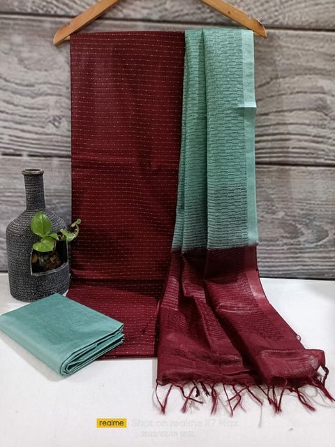 Katan Silk Weaving Suit with Herringbone Dupatta - Maroon & Green Color