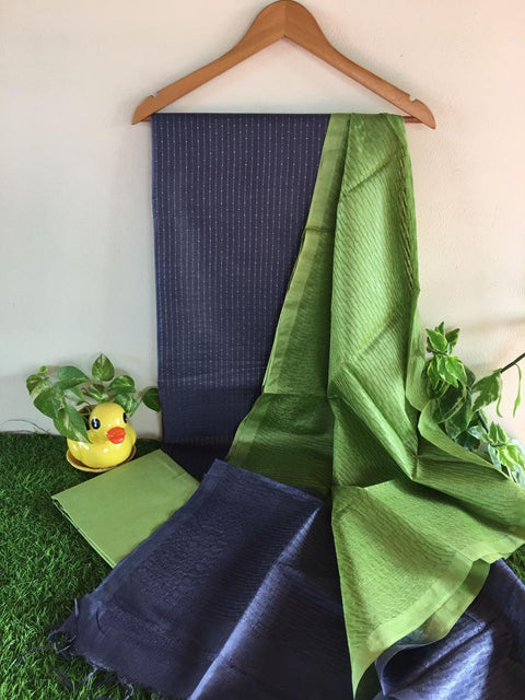 Katan Silk Weaving Suit with Herringbone Dupatta - Blue & Green Color