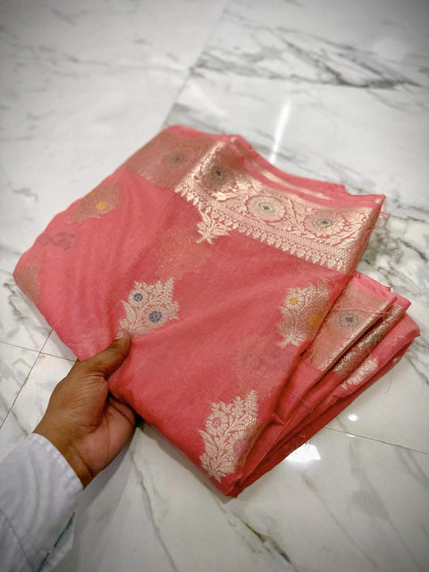 బనారసి సెమీ కటన్ సాఫ్ట్ సిల్క్ చీర - బ్లూ కలర్