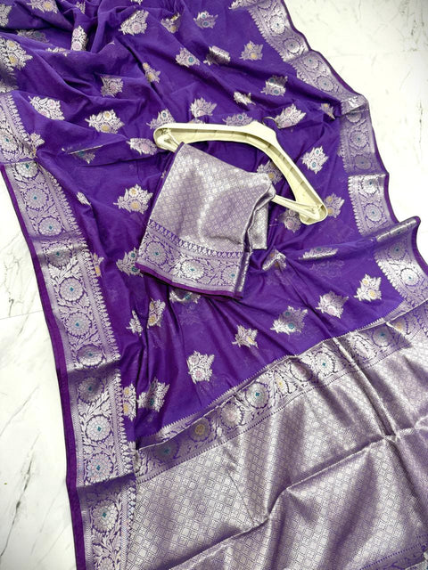 బనారసి సెమీ కటన్ సాఫ్ట్ సిల్క్ చీర - బ్లూ కలర్