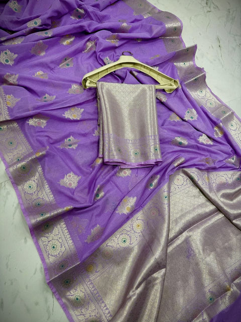 బనారసి సెమీ కటన్ సాఫ్ట్ సిల్క్ చీర - బ్లూ కలర్