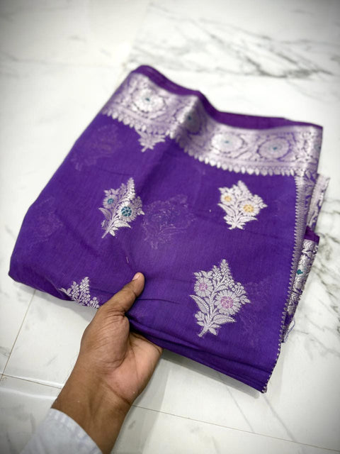 బనారసి సెమీ కటన్ సాఫ్ట్ సిల్క్ చీర - బ్లూ కలర్