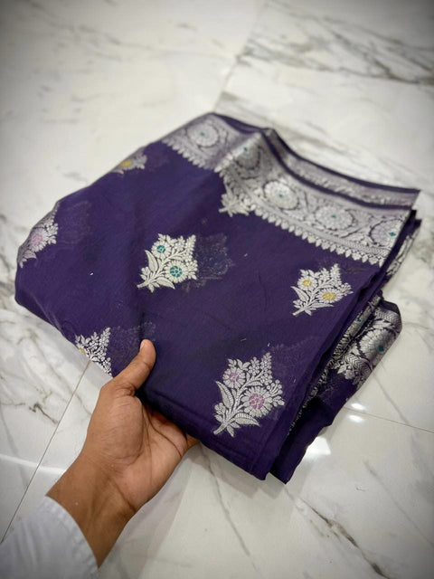 బనారసి సెమీ కటన్ సాఫ్ట్ సిల్క్ చీర - బ్లూ కలర్