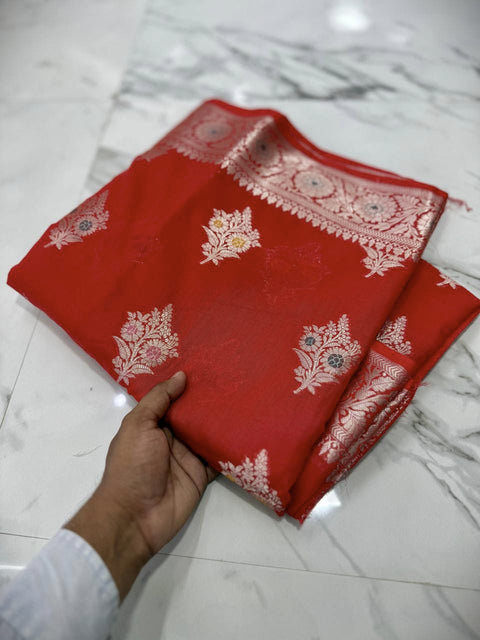 బనారసి సెమీ కటన్ సాఫ్ట్ సిల్క్ చీర - బ్లూ కలర్