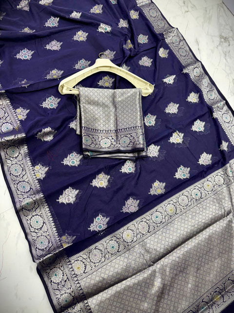 బనారసి సెమీ కటన్ సాఫ్ట్ సిల్క్ చీర - బ్లూ కలర్