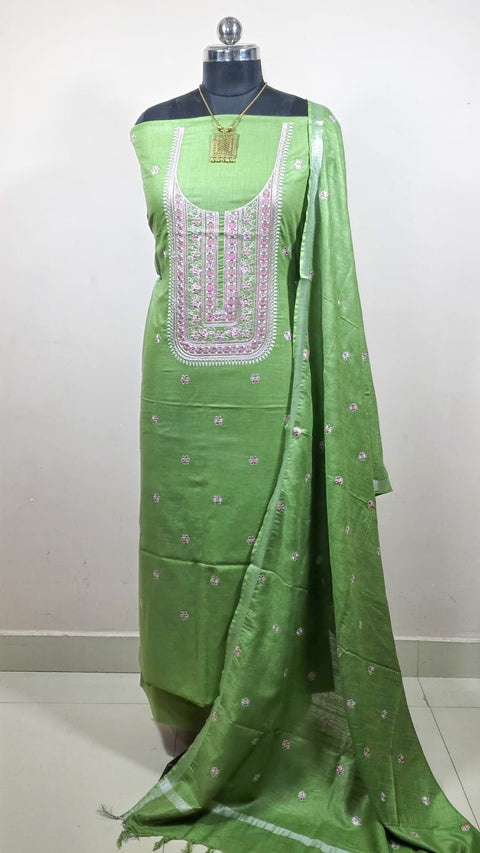 Cotton Linen Digital Embroidery Suit - Green Color