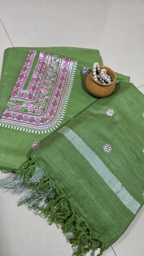 Cotton Linen Digital Embroidery Suit - Green Color