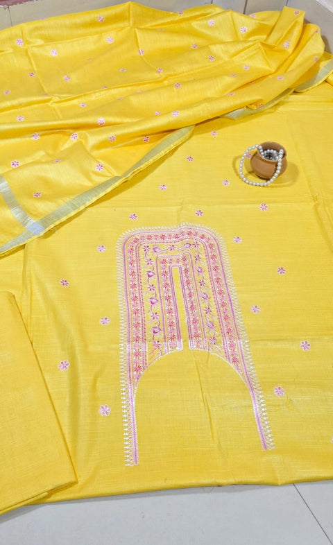 Cotton Linen Digital Embroidery Suit - Yellow Color