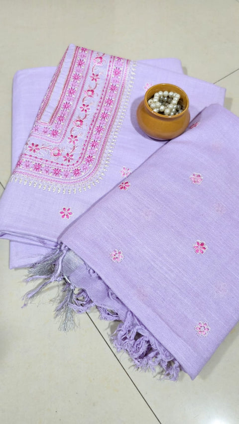 Cotton Linen Digital Embroidery Suit - Bluish Grey Color