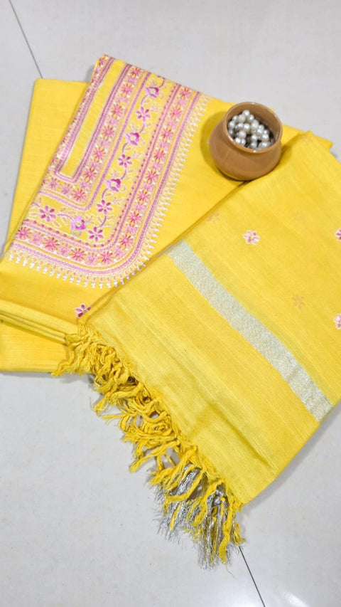 Cotton Linen Digital Embroidery Suit - Yellow Color