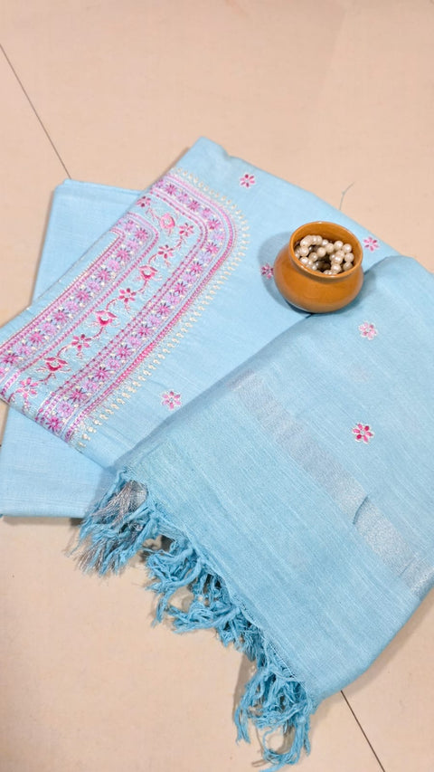 Cotton Linen Digital Embroidery Suit - Blue Color