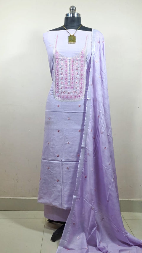 Cotton Linen Digital Embroidery Suit - Bluish Grey Color