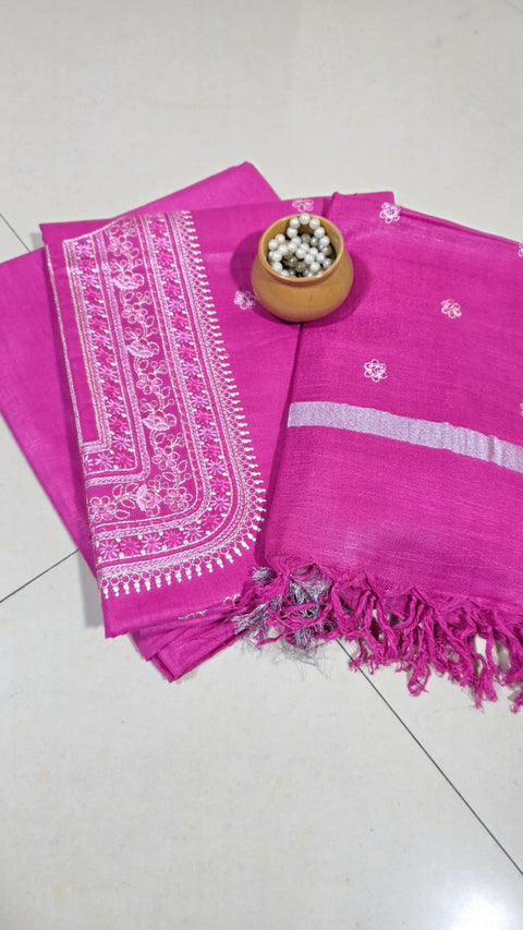 Cotton Linen Digital Embroidery Suit - Rani Pink Color