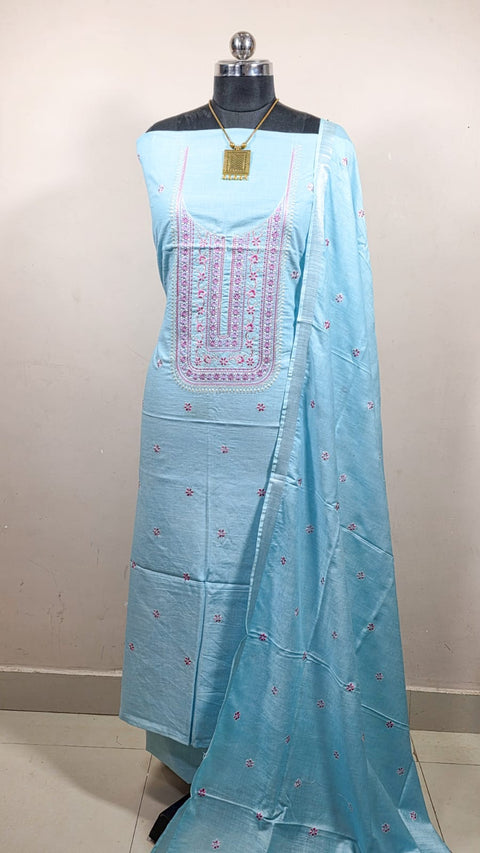 Cotton Linen Digital Embroidery Suit - Blue Color