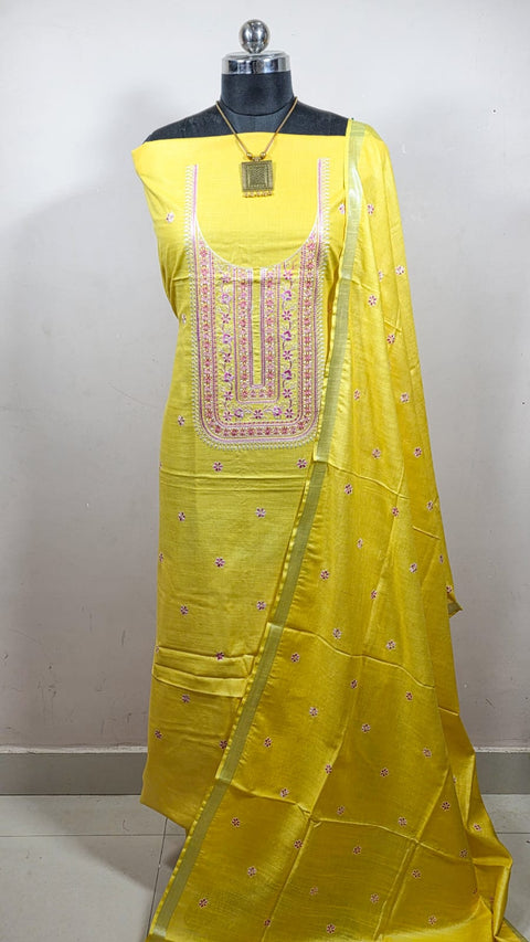 Cotton Linen Digital Embroidery Suit - Yellow Color