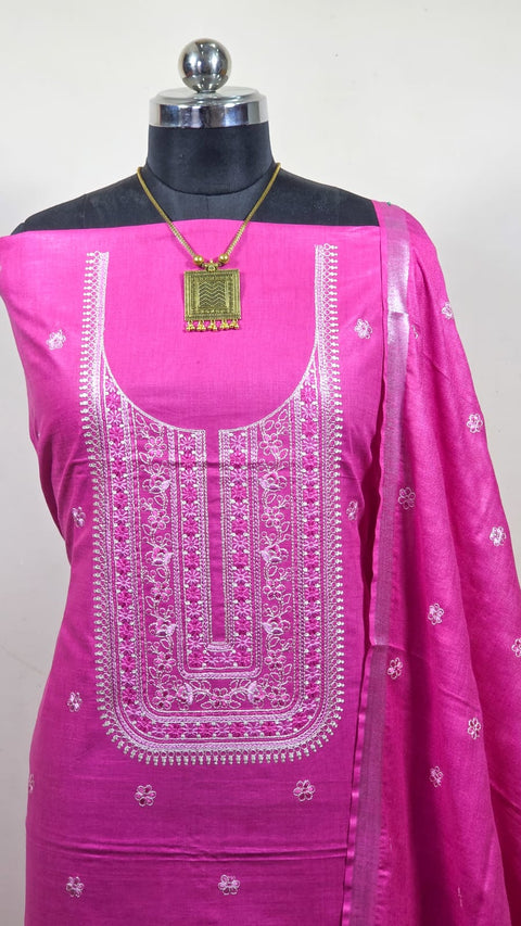 Cotton Linen Digital Embroidery Suit - Rani Pink Color
