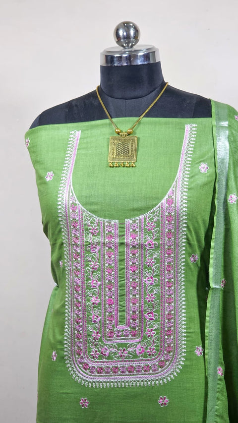 Cotton Linen Digital Embroidery Suit - Green Color