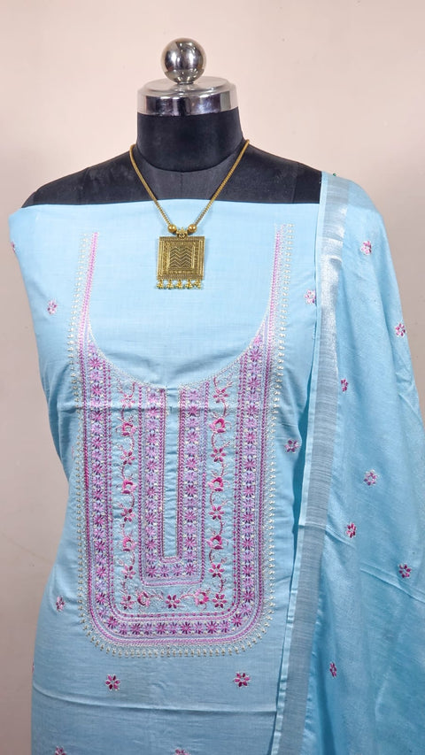 Cotton Linen Digital Embroidery Suit - Blue Color