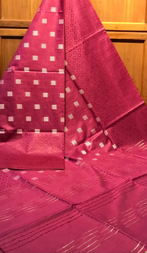 Semi Tussar Silk Saree With White Dupion Boota Design  - Red Color