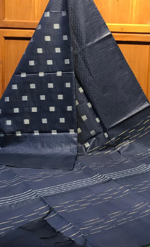 Semi Tussar Silk Saree With White Dupion Boota Design  - Navy Blue Color