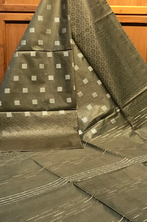 Semi Tussar Silk Saree With White Dupion Boota Design  - Olive Color