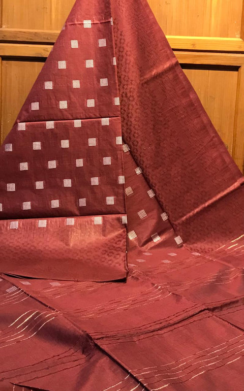 Semi Tussar Silk Saree With White Dupion Boota Design  - Maroon Color