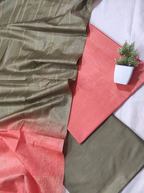 Semi Tussar Silk Unstitched Dress Material  - Olive & Peach Color