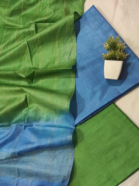 Semi Tussar Silk Unstitched Dress Material  - Green & Blue Color