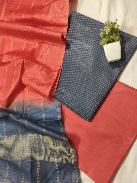 Semi Tussar Silk Unstitched Dress Material  - Grey & Peach Color