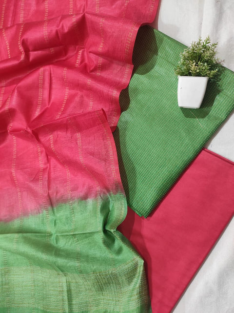 Semi Tussar Silk Unstitched Dress Material  - Green & Red Color