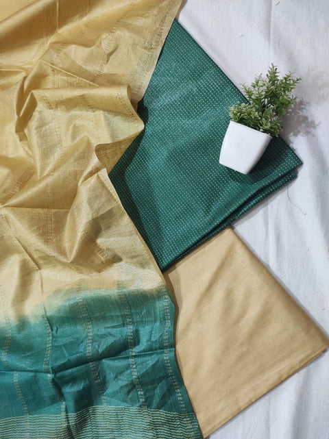 Semi Tussar Silk Unstitched Dress Material  - Beige & Green Color