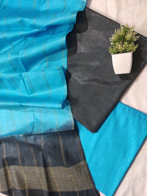 Semi Tussar Silk Unstitched Dress Material  - Blue & Black Color