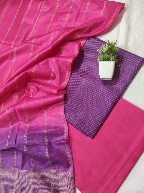 Semi Tussar Silk Unstitched Dress Material  - Pink & Purple Color
