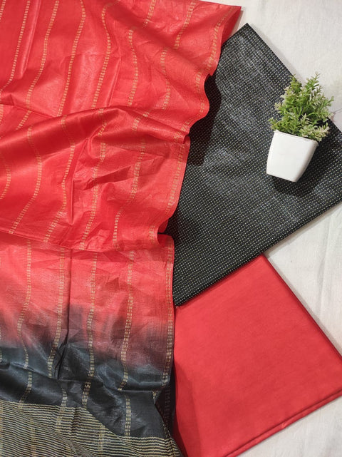 Semi Tussar Silk Unstitched Dress Material  - Red & Black Color