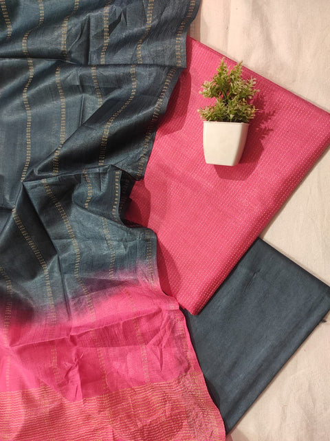 Semi Tussar Silk Unstitched Dress Material  - Black & Pink Color