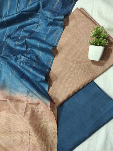 Semi Tussar Silk Unstitched Dress Material  - Blue & Beige Color