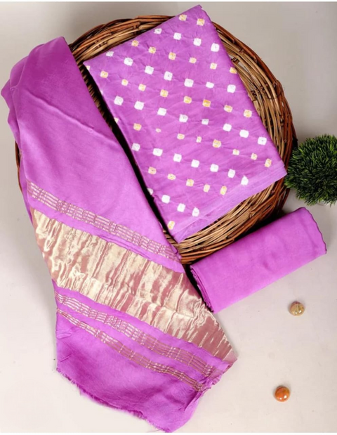 Semi Tussar Silk Shibori Dress Material  - Pink Colour