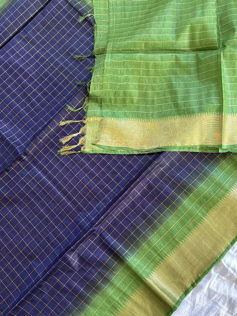 Semi Mangalgiri Cotton Silk Saree - Green & Blue Color