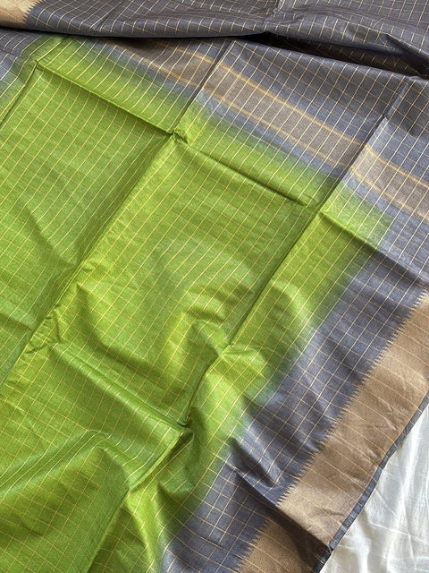 Semi Mangalgiri Cotton Silk Saree - Green & Grey Color